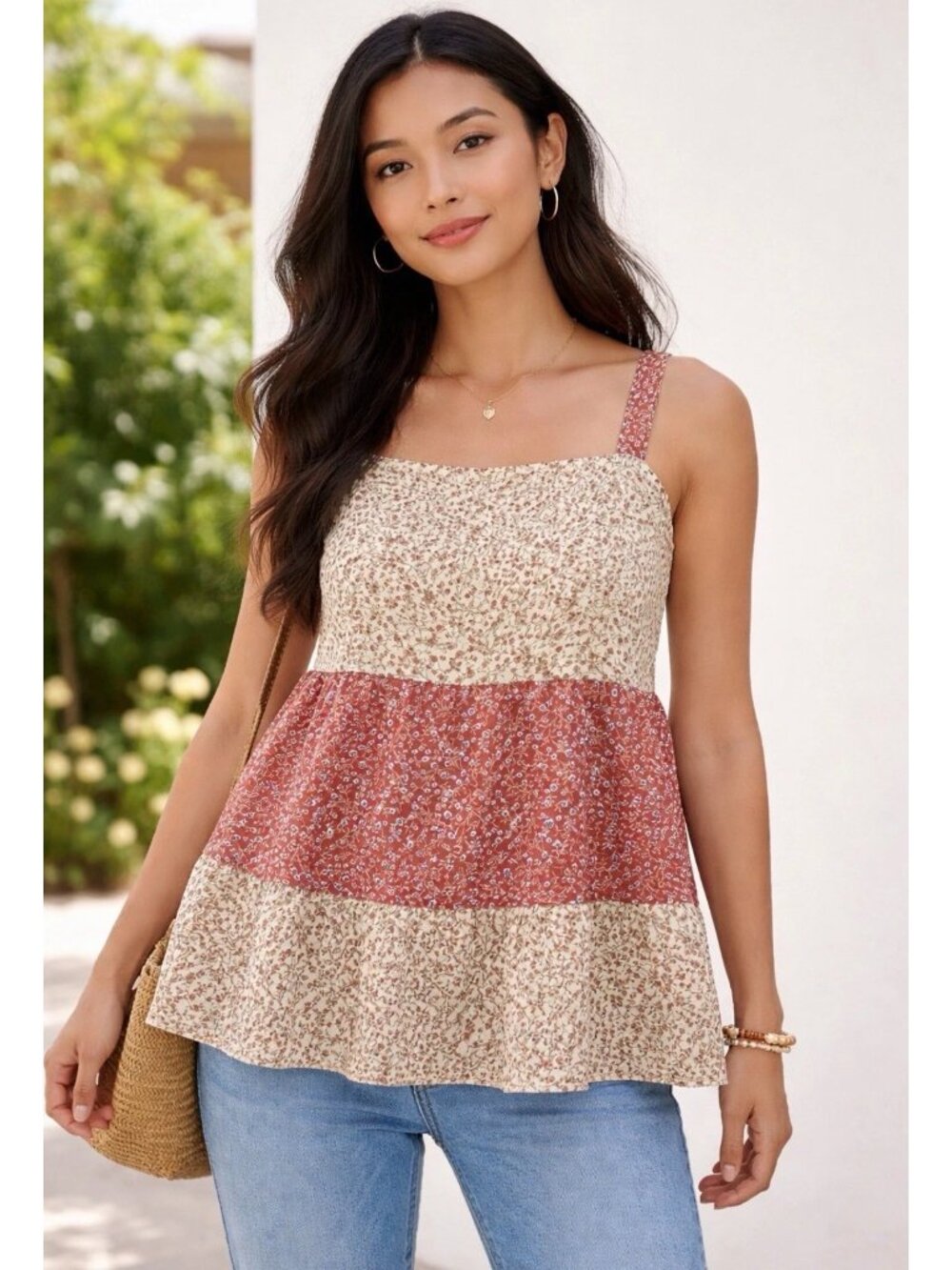 Paper Crane Floral Tiered Ruffle Hem Tank Top S| Cottagecore Soft Girl 90s Boho